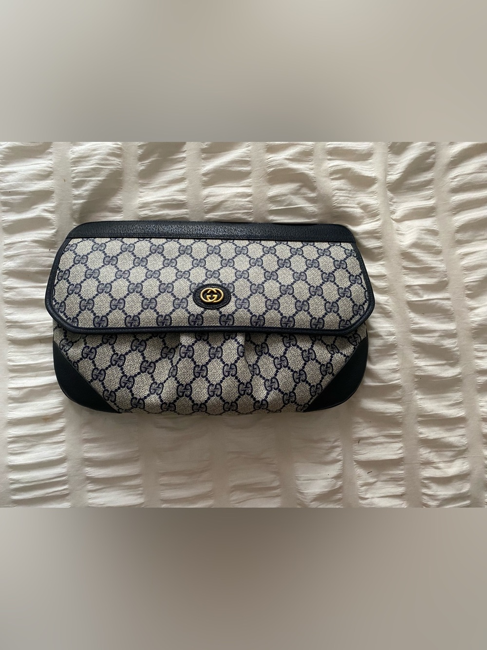 Gucci Beige and Navy GG Canvas Fold-Over Clutch